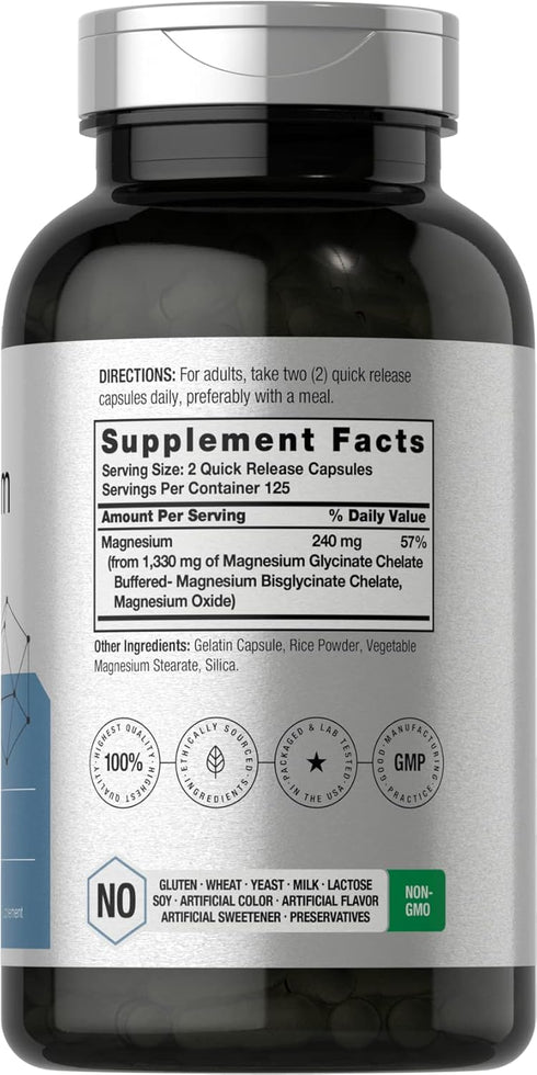 Horbaeach Buffered Magnesium Glycinate | 1330mg | 250 Capsules | with Chelated Minerals | Non-GMO, Gluten Free