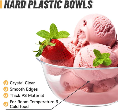 Qeirudu 12 oz Hard Plastic Bowls, 50 Pack Disposable Clear Plastic Salad Bowls for Ice Creams, Desserts, Fruits,