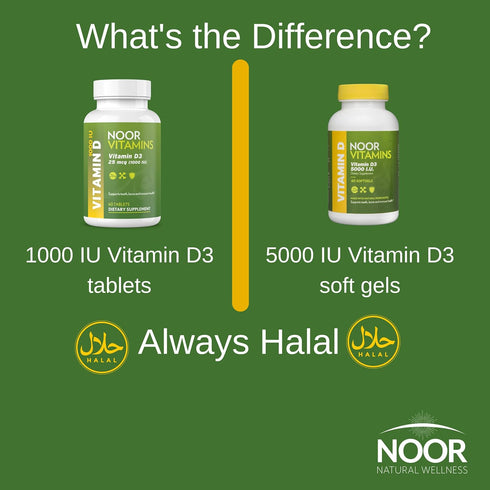 Noor Vitamins Halal Vitamin D, Halal Vitamin D3, 1000 IU Tablets, Supports Bone, Immune & Heart Health, 60 Count