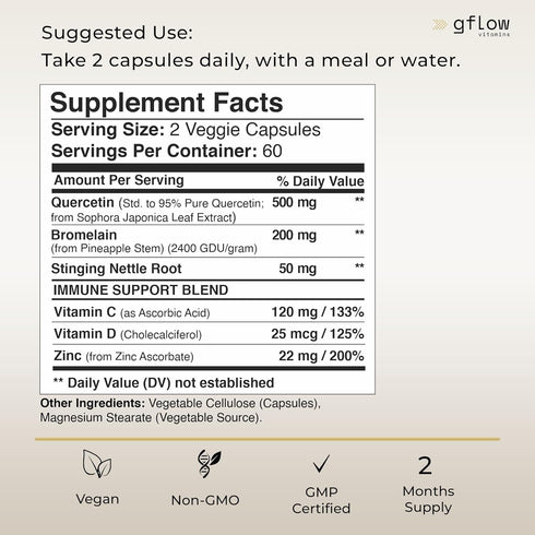 Quercetin with Vitamin C and Zinc, 500mg Quercetin with Bromelain, 240 Veggie Caps, Non-GMO, Vegan