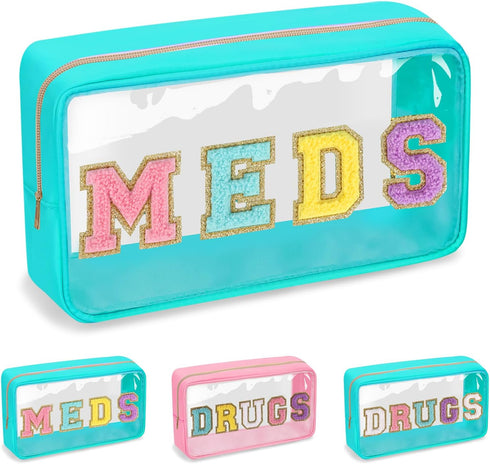 Clear Letter Patch Medicine Bag, Waterproof Cosmetic Makeup Bag for Women, Green, MEDS