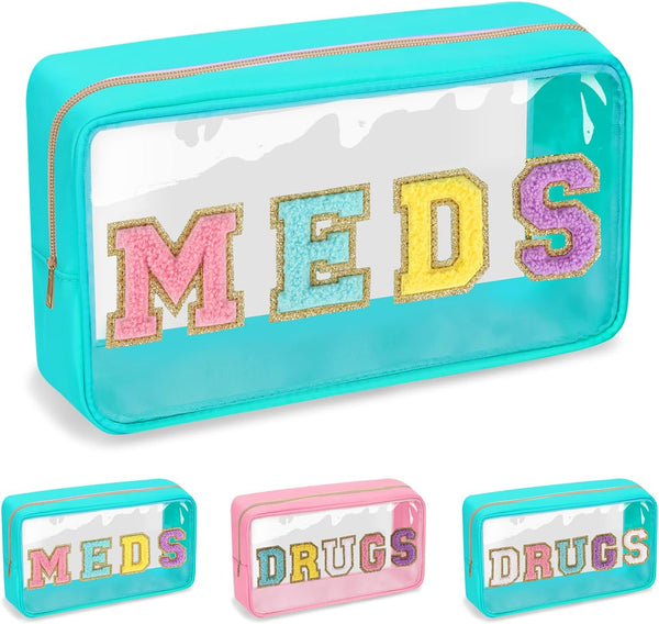 Clear Letter Patch Medicine Bag, Waterproof Cosmetic Makeup Bag for Women, Green, MEDS