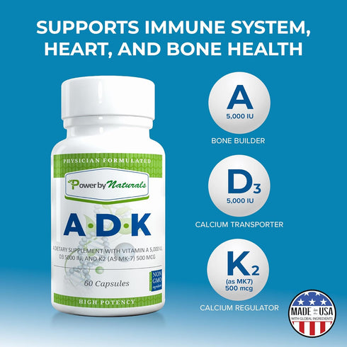 Power By Naturals ADK Vitamin Supplement - 60 Capsules for Bone, Heart & Immune Health