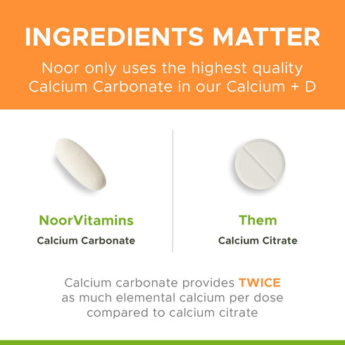 Noor Vitamins Halal Calcium Plus Vitamin D - 600 mg Calcium & 800 IU D2 per Tablet - 120 Tablets