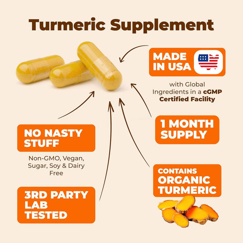 Turmeric Supplement - High Potency Curcumin with 1200 mg Organic Turmeric and 95% Curcuminoids, 60 Capsules
