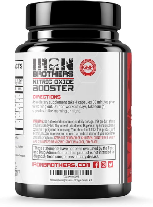 Iron Brothers Supplements Nitric Oxide Booster | Extra Strength Pumps Supplements | Pre-Workout with L-Arginine |