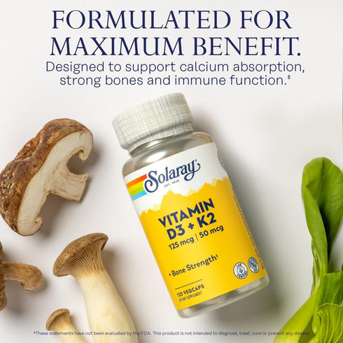 SOLARAY Vitamin D3 K2 Supplement - Bone Health and Immune Support - 5000 IU Vitamin D3, 50 mcg K2, 120 VegCaps
