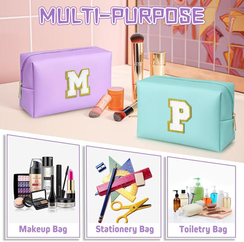 Personalized Birthday Gifts for Women, Preppy Patch Makeup Bag, Travel Organizer, Purple L