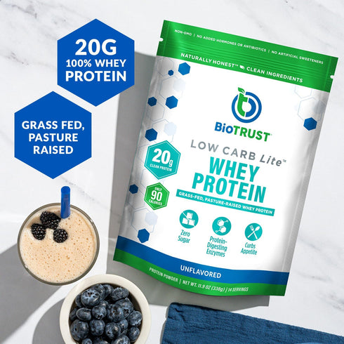 BioTrust Low Carb Lite Protein Powder - 20g Grass-Fed Whey Protein Isolate - Low Carb, Sugar Free, Unflavored, 14