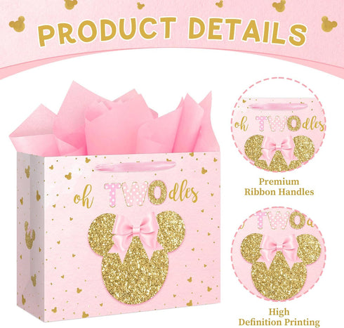 Reyoust 13" 2nd 13"L 10.2"H 4.9"W Large Oh Twodles Birthday Gift Bag with Tissue Paper and Greeting Card Glitter Pink