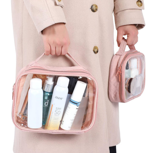 PACKISM TSA Approved Toiletry Bag - 180° Large Opening Clear Makeup Bags with Handle, Rose Pink