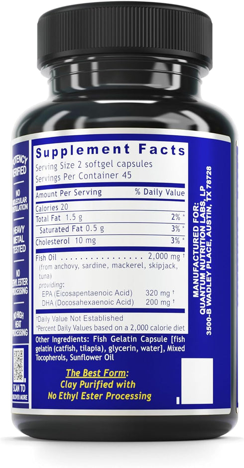 Quantum Nutrition Labs EPA DHA Fish Oil Softgels - Omega 3 Supplement, High Quality Omega 3 Fatty Acids, 90 Softgel