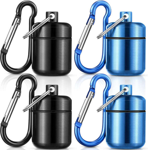 4 Pack Ear Plug Carrying Case Keychain, Waterproof Metal Small Pill Holder for Earplugs, Pills, Jewelry (Black, Blue)