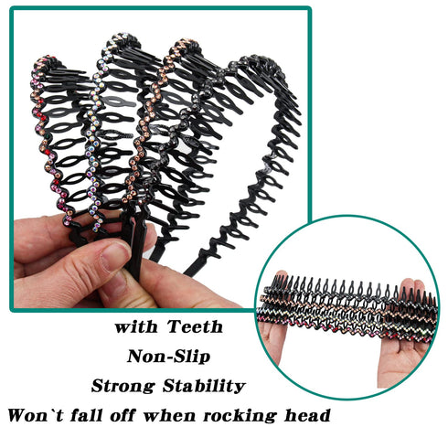 Yeshan Rhinestone and Crystal Headbands for Women with Teeth Comb, Non-slip Hard Plastic Wave Shape, Pack of 4