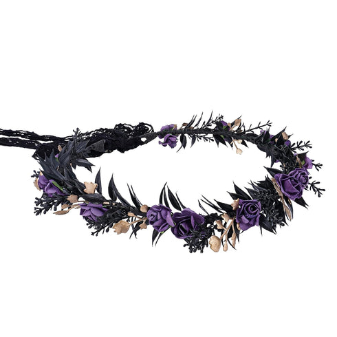 MOSTORY Handmade Black Flower Headpiece, Adjustable Gothic Circlet, Elf Floral Crown for Renaissance Halloween Cosplay