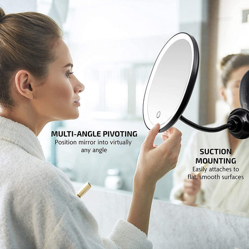 OVENTE 9'' Rechargeable Lighted Wall Mount Makeup Mirror, 1X Magnifying with 10X Mini Magnetic, Dimmable (Black)