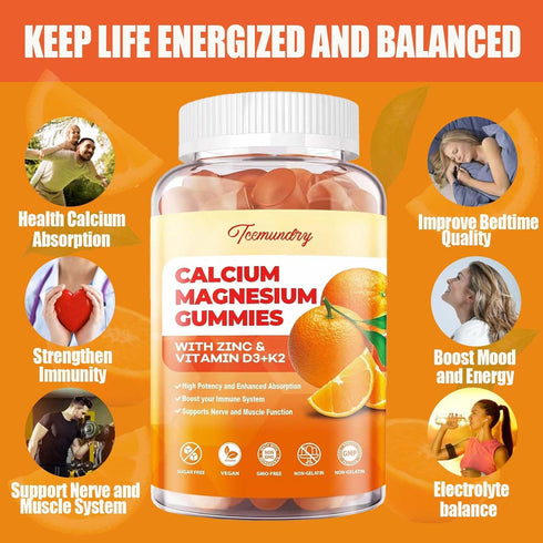 Calcium Magnesium Zinc Gummies with Vitamin D3 & K2, High Absorption Magnesium Glycinate 400mg