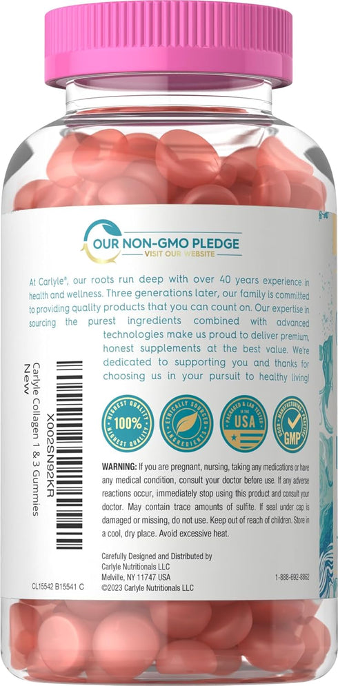 Carlyle Collagen Gummies - Strawberry Flavor Beauty Supplement with Hydrolyzed Collagen Peptides for Women & Men