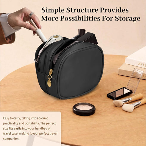 Small Makeup Pouch, Double Zipper Cosmetic Bag, Cute Travel Makeup Bag for Purse, Mini Toiletry Bag (Black)