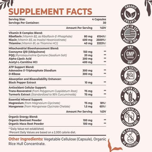 2326 MG Mitochondrial Supplements with ATP, CoQ10 & PQQ - 240 Capsules for Energy, Endurance, Strength & Recovery
