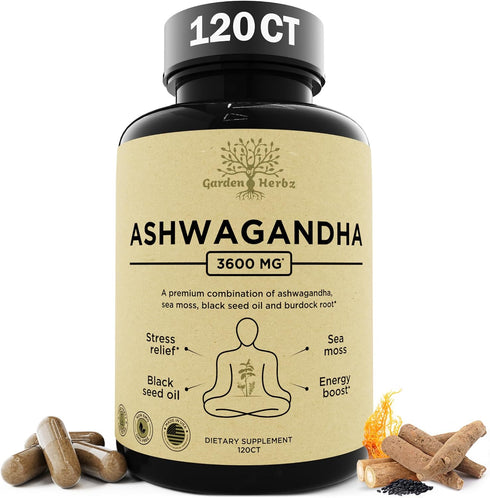 Organic Ashwagandha Root & Irish Sea Moss, 120 Caps - 3,600 mg Ashwagandha Supplement with Black Seed Oil