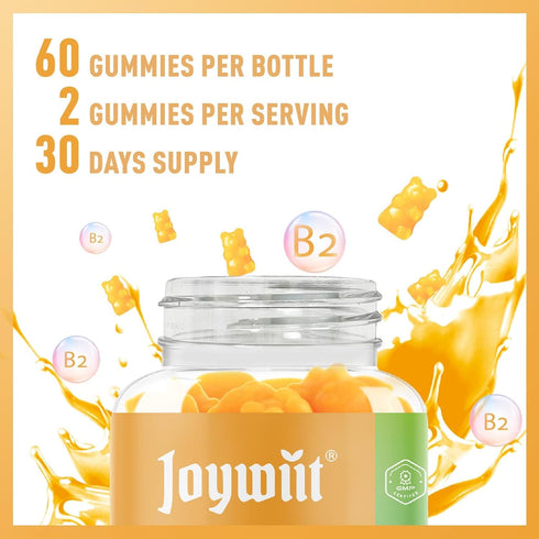 Vitamin B2 Gummies 500mg for Adults, Orange Flavor, Non-GMO, Vegan, Pectin - Migraine Relief & Nervous System Support -