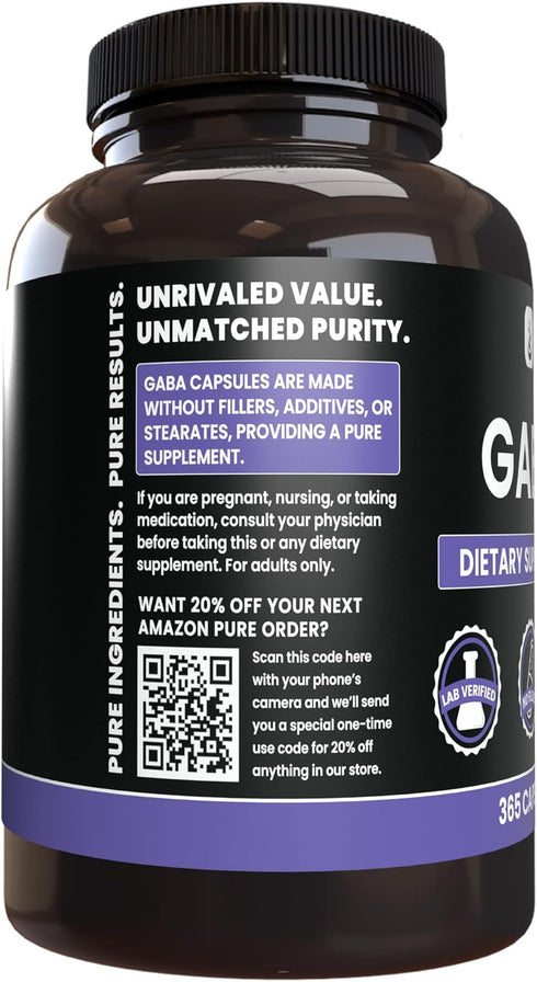 PURE ORIGINAL INGREDIENTS GABA (365 Capsules) No Magnesium Or Rice Fillers, Always Pure, Lab Verified