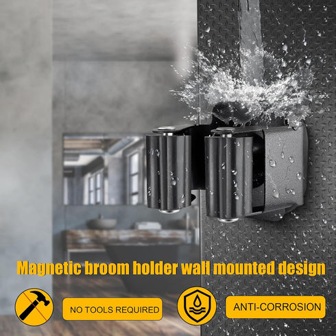 Upgraded Magnetic Broom and Mop Holder, Heavy Duty Wall Mount Organizer, No Drill, Space-Saving (Black, 2 Pcs)