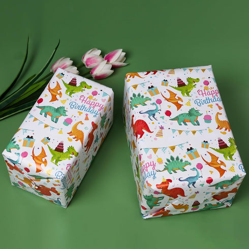 Wrap,17 inch 120 inch RayofSun Gift Wrapping Paper Roll,Cute Dinosaurs Happy Birthday Wrapping Paper for Boys,Wrapping