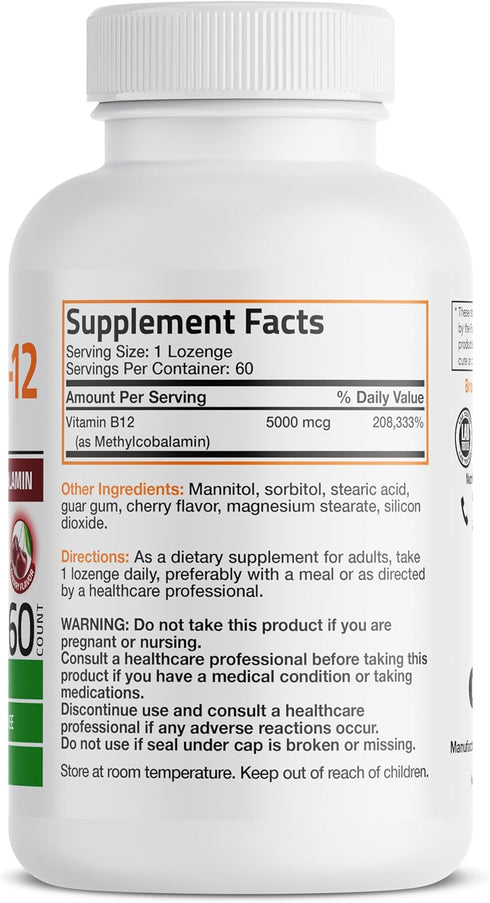 Bronson Methyl B12 5000 mcg Vitamin B12 Methylcobalamin Energy & Brain Support 60 Lozenges