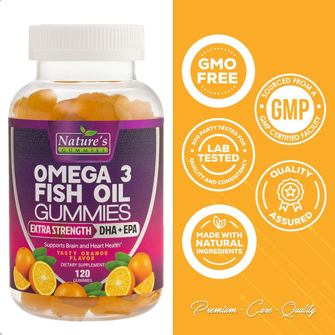 Omega 3 Fish Oil Gummies - 120 Gummies, Extra Strength DHA & EPA for Joint, Heart & Brain Support, Orange Flavor