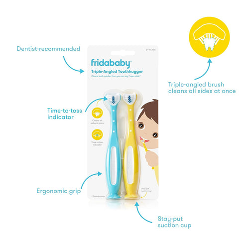 Frida Baby Triple-Angle Toothhugger Training Toddler Toothbrush, 2 Pack (Yellow + Blue) for Ages 2 Years and Up