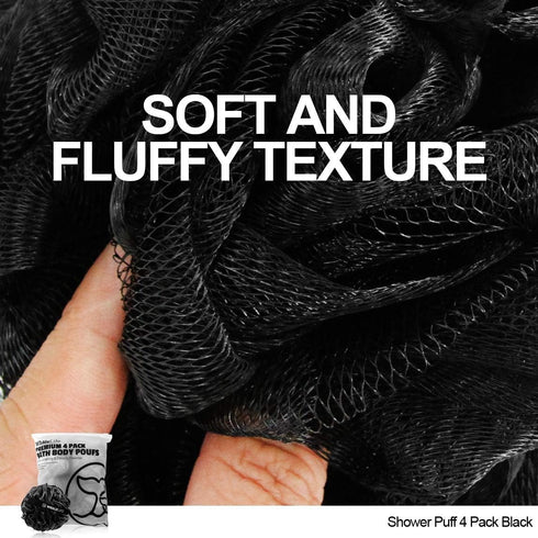 Shower Puff 4 Pack Black Bath Sponge, Shower Loofahs Pouf Ball Nature Bamboo Charcoal Mesh Bulk Puffs, Large Shower