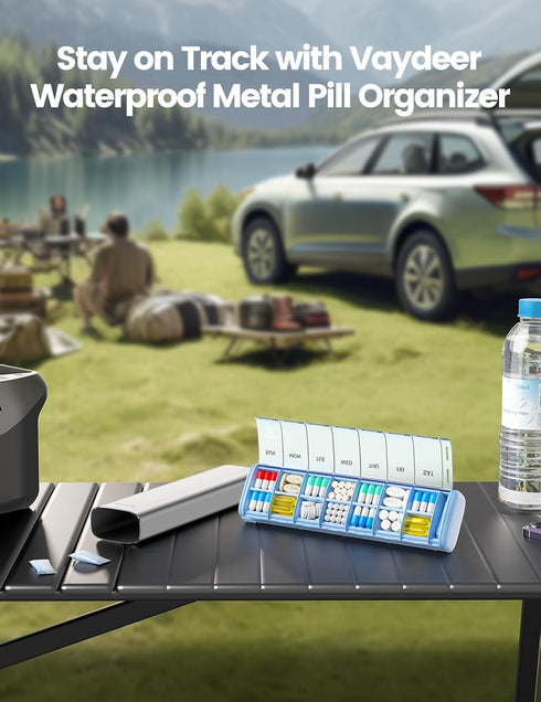 Vaydeer Metal Travel Pill Organizer, 7 Day Weekly Pill Box, Large Capacity Daily Cute Pill Case for Supplements, Pills,