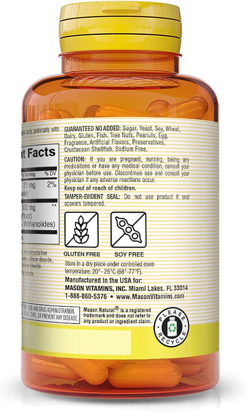 MASON NATURAL Herbal Supplement Ashwagandha 500 mg - Mood Support and Healthy Stress Response, 60 Capsules