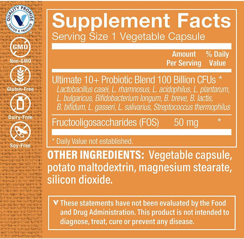 Ultimate 10+ Probiotics - 100 Billion CFUs for Immune Support, Digestive & Respiratory Health - 30 Vegetable Capsules