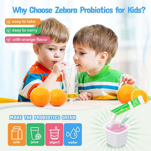ZEBORA Kids Probiotic & Prebiotics Powder Age 3+, Supports Children's Digestive & Immune System, 30 Packets with 5