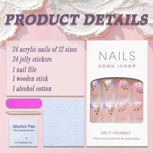 Press on Nails Short Square, 24Pcs Fake Nails with Designs, Glossy Glue on Acrylic Artificial Nails for Women