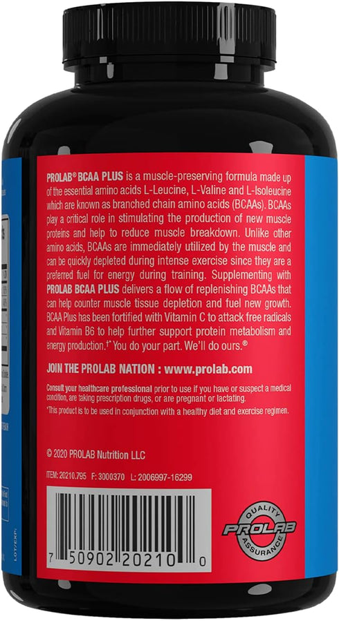 PROLAB BCAA PLUS, Branched Chain Amino Acid Capsules, 180-Count