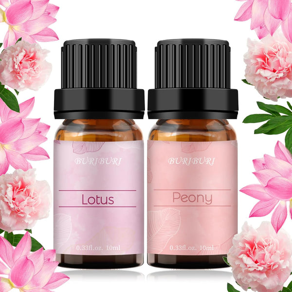 BURIBURI Lotus and Peony Essential Oils Gifts Set - 2 Pack, 100% Pure Natural Flower Diffuser Oil for Massage, Soap