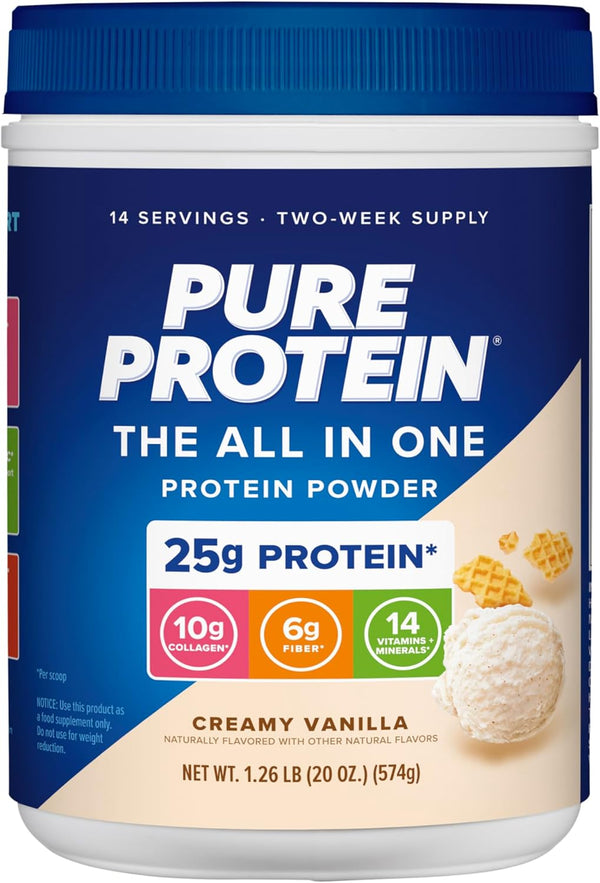 Pure Protein All-in-One Powder, Vanilla - Whey & Collagen, High Fiber, Non-GMO, Gluten-Free, 1.25lb