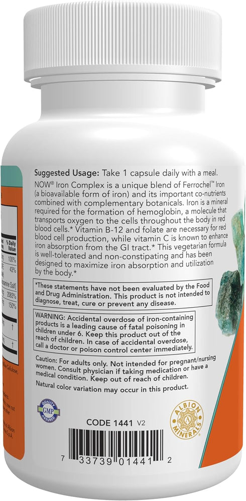 NOW Foods Iron Complex Caps, Essential Mineral Supplement, Non-Constipating*, 100 Veg Capsules