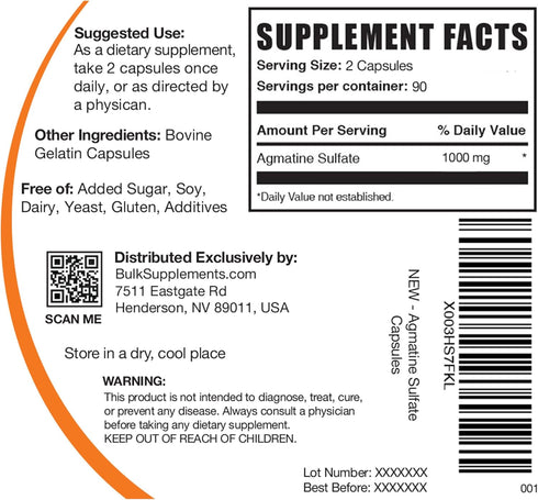 BulkSupplements.com Agmatine Sulfate Capsules, Nitric Oxide Supplement, 1000mg, Gluten Free, 180 Capsules