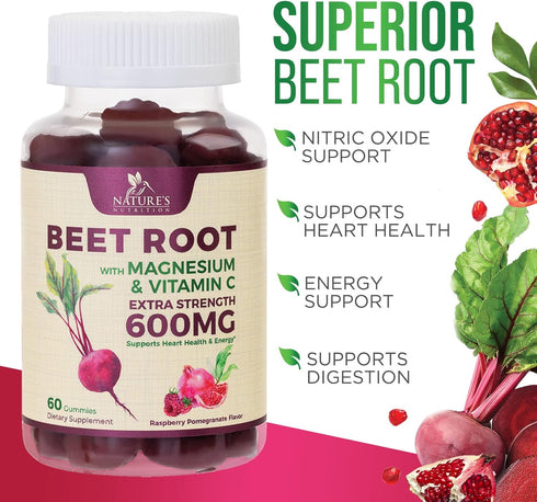 Beet Root Soft Chews, Vegan Heart Health Support Supplement, Pomegranate Raspberry Flavor, 60 Count
