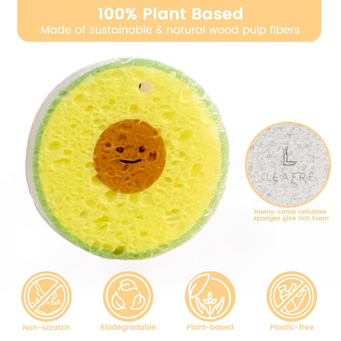 Cellulose Compressed Eco-Sponge 5 Pack- Avocado Sandwich Set |Standard Size| Plastic-Free & Made of All-Natural Wood Pulp | Showering, Dishwashing & Cleaning for Household, Kitchen & Bathroom