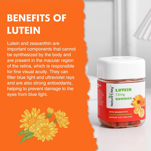 Nature's Key Lutein Gummies 12mg with Zeaxanthin & Vitamin A - Eye Health and Brain Function Supplement - 60Ct