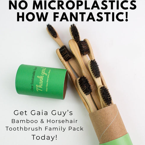 Pack 4 4 Gaia Guy Natural Bristle Bamboo Toothbrush Family (NO Nylon - Horsehair ONLY) - Totally Compostable