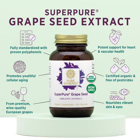 Pure Synergy SuperPure Grape Seed Extract Capsules for Heart Health, Skin, and Healthy Aging Support, 60 Count