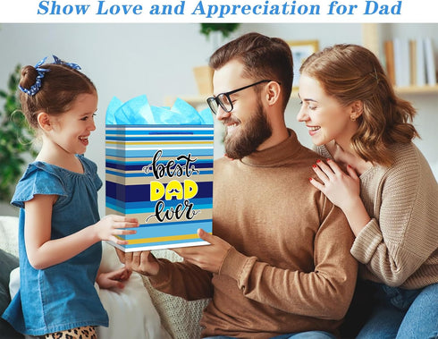 FaCraft Father's Day Gift Bag - 13" Large Happy Father's Day Paper Bag with Tissue Paper for Dad, Stepdad, Grandfather