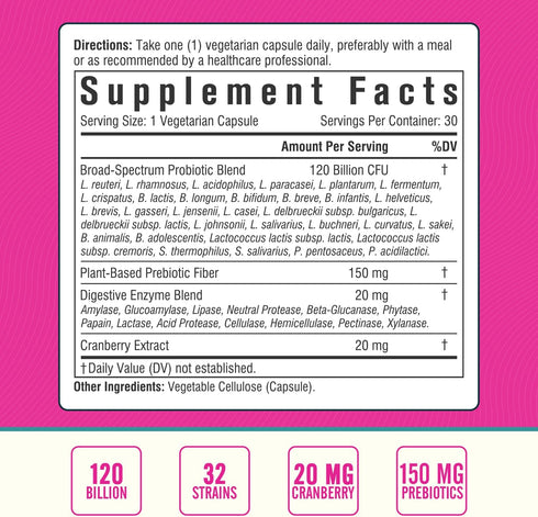 Women's Probiotic, 120 Billion & 32 Strains with Cranberry, Prebiotics & Digestive Enzymes, Gut, Vaginal & Urinary Tract Support, 30 Delayed Release Capsules